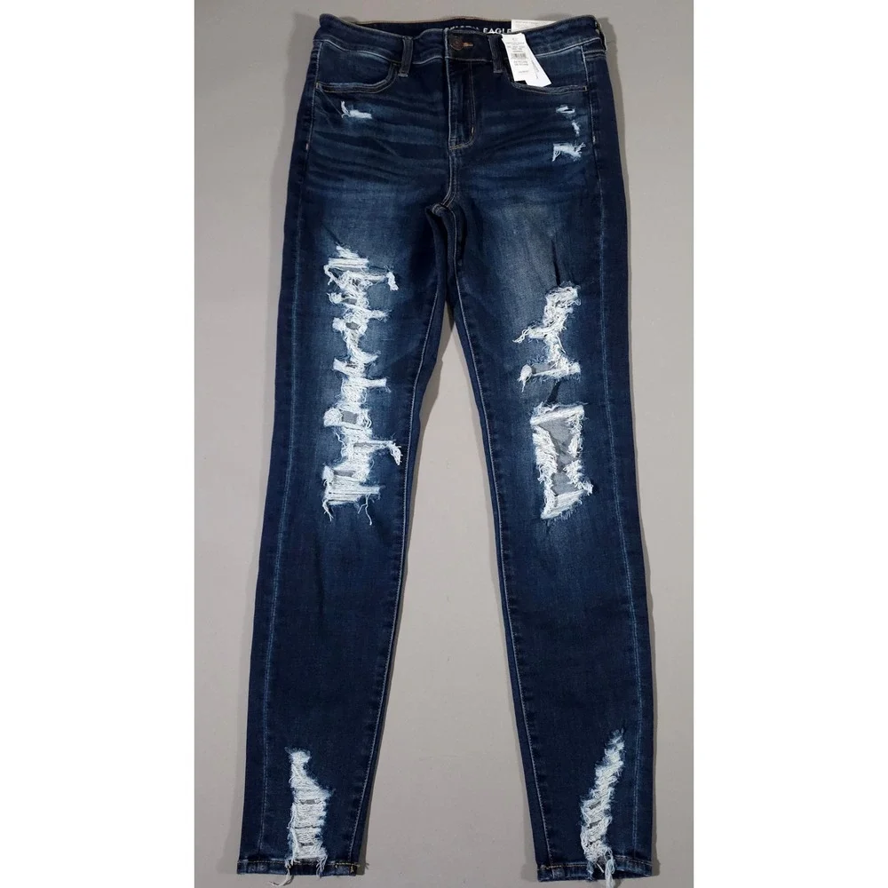 American Eagle Hi-Rise Jegging Womens 10 Long‎ Dark Blue Distressed Shredder New